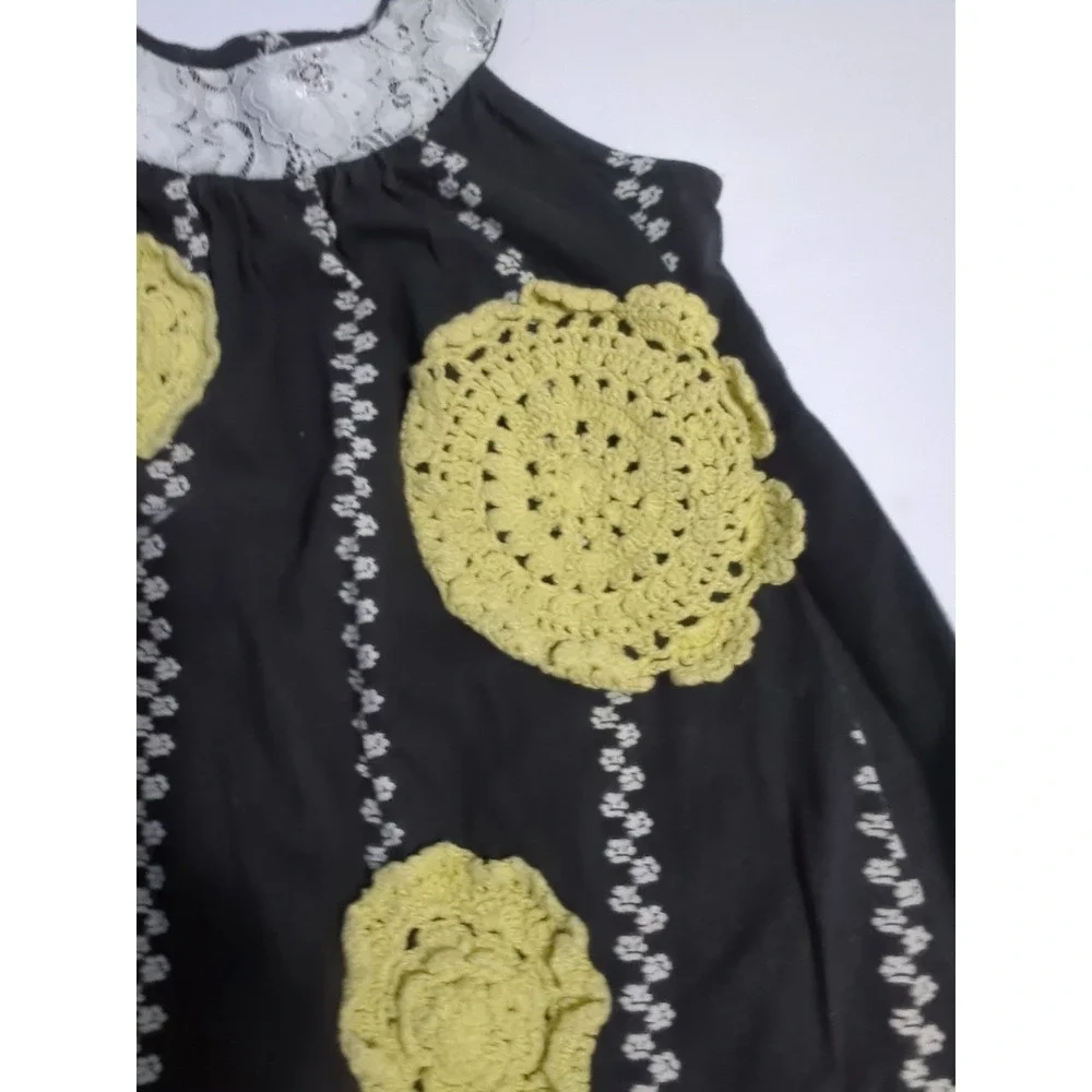 Jelly The Pug Sunburst Stripe Crochet Flower Black Sleeveless Dress Sz 3T Boho